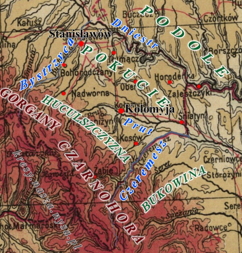 1925 Mapa fizyczna Pokucie Huculszczyzna miasta